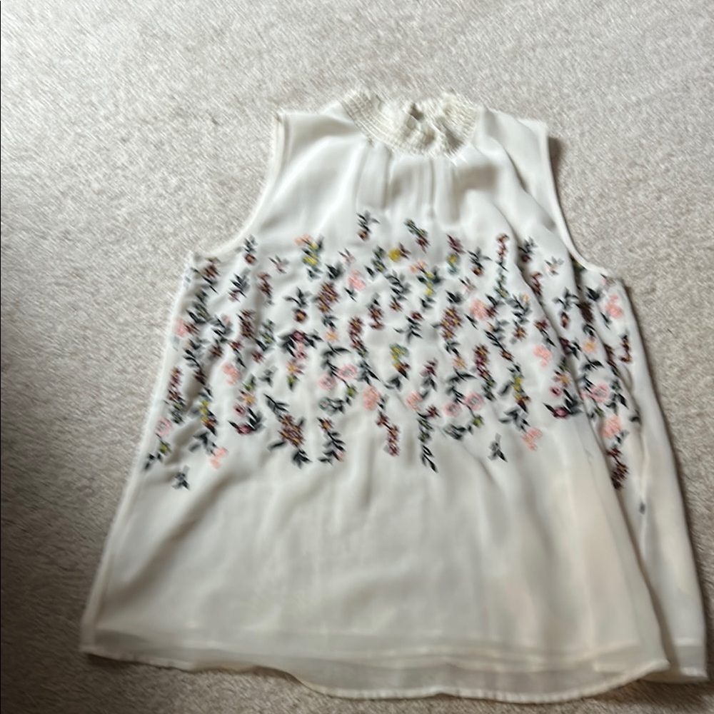 LOFT White Sleeveless Embellished Blouse with Mandarin Collar